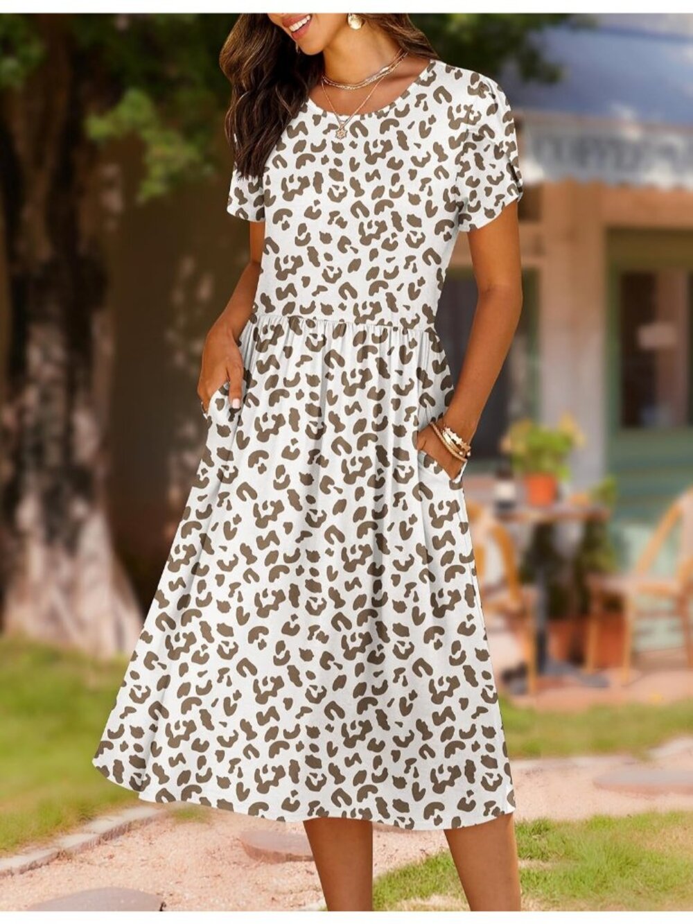 Women's Leopard Print Crew Neck Classic Short Sleeve Pocket Pull On Midi Dresses - Picture 3 of 6